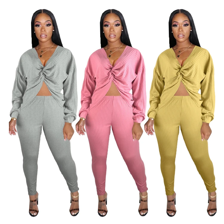 New Sexy Fashion Casual V Neck Solid Color Top And Pants Sexy 2 Pcs Track Suit Outfits Two Piece Set Women Clothing