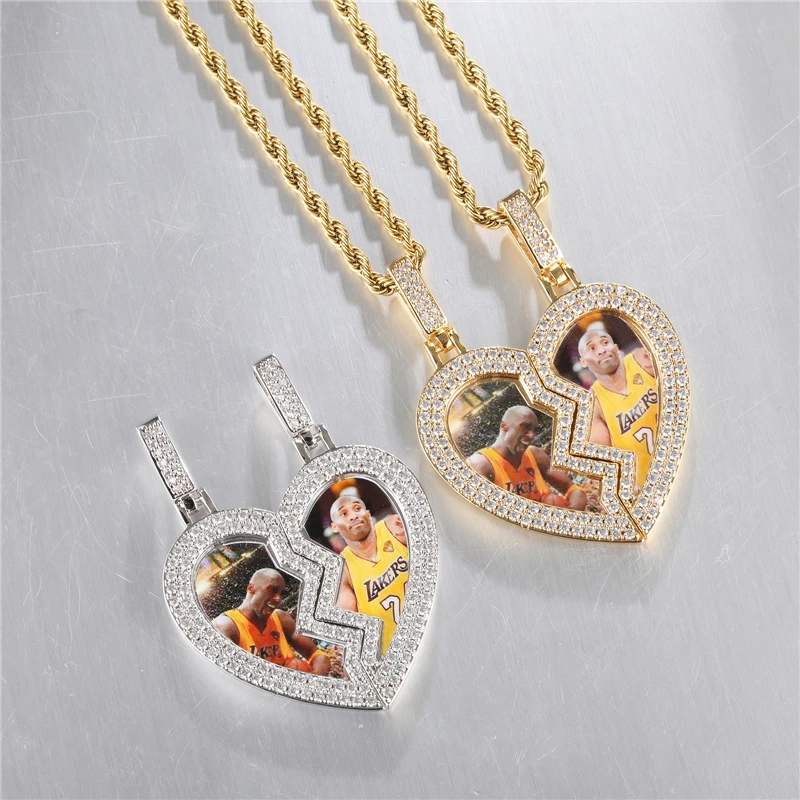 

Couples Love Photo Necklace Pendant Iced Out Crystal Half Heart Pendant Pictures Memory Custom Picture Pendant, 18k gold