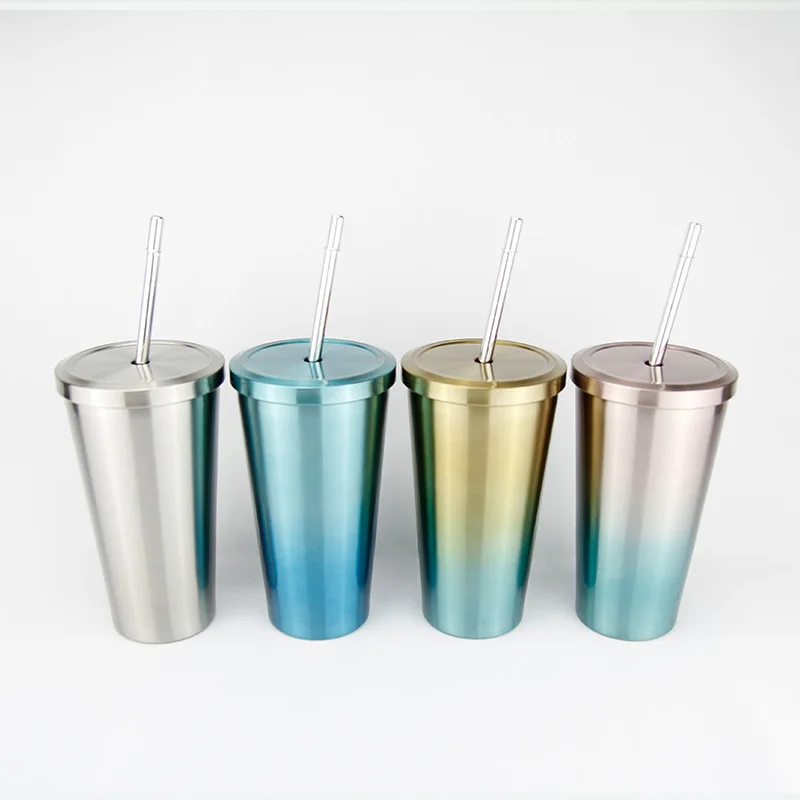

304 Stainless Steel Vacuum Insulated 500ml Coffee Cup Travel Tumbler With Lid Straw, Silver, black ,pink,blue