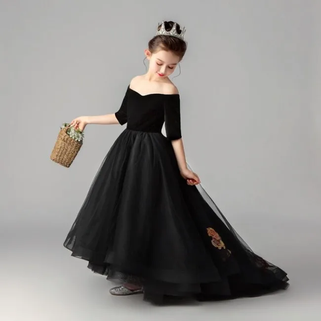 

Summer Girls Black Off Shoulder Dresses Half Sleeves Children Black Off Shoulder Dresses