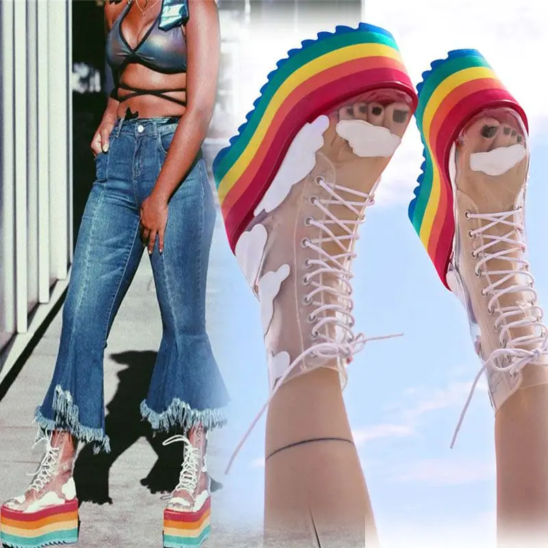 

women`s casual shoes bright leather breathable thick-sole increased sandal boots fashion waterproof lace-up platform boots shoes
