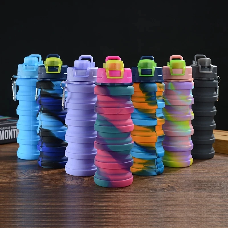 

Wholesale Folding Multifunctional Collapsible Silicone Cup 500ml Folding Sport Water Bottle Retractable Travel Drink Bottle, Rainbow color