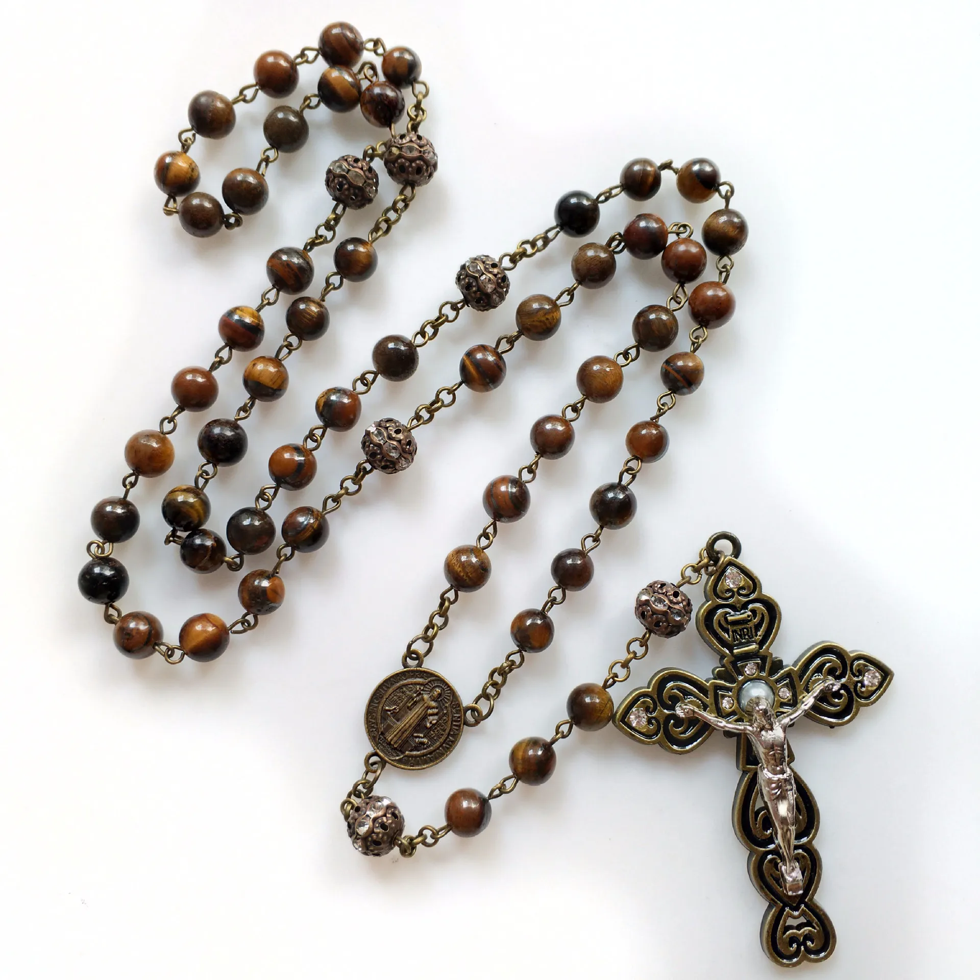 

Christian Rosary Antique Brass Traditional Five Decade Chaplets Natural Stone Beaded Tiger Eye Rosary