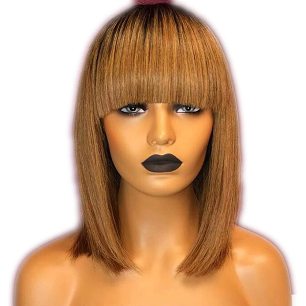 

Brazilian Lace Front Human Hair Wigs With Bangs For Women Ombre Honey Blonde Lace Front Wig Remy Full Fringe Wig, Natural color lace wig