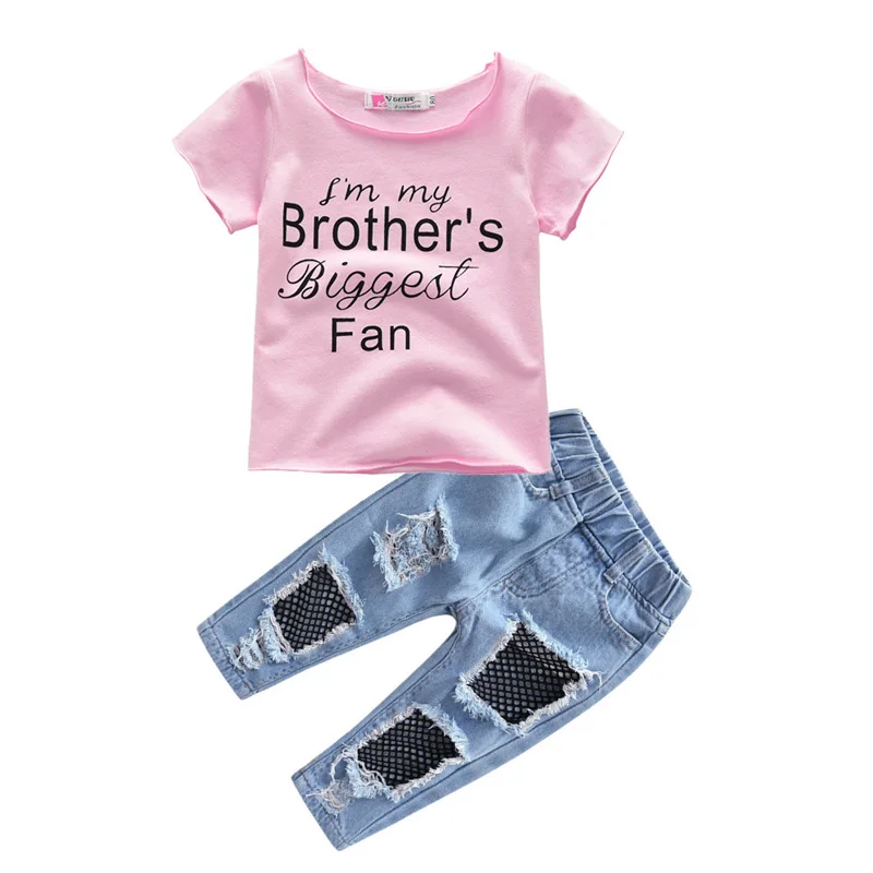 

New Toddler 2Pcs Boutique Outfits T-shirt Tops Denim Fishnet Pants Kids Baby Girls Summer Set Clothes