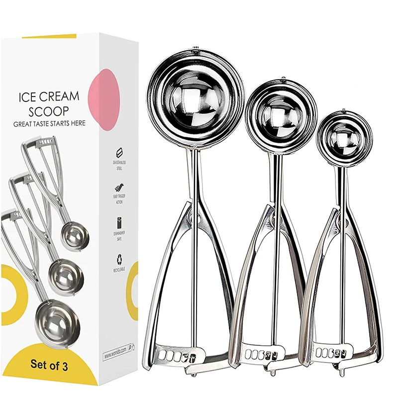

Custom Logo Ball Metal, Stainless Steel 2.5cm Cookies Spoon Ice Cream Scoop Set Of 3 With Easy Trigger/, Natural color
