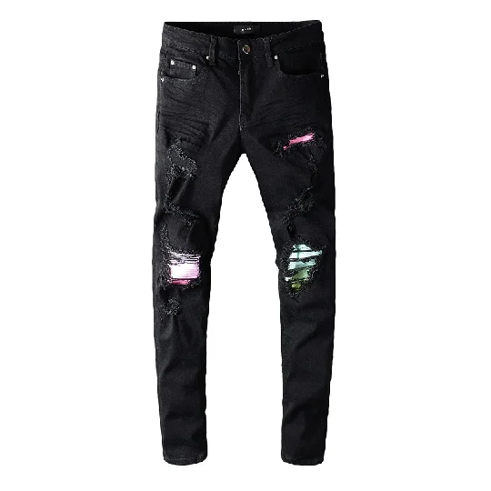 

Purplewind company slim fit styles high quality jeans denim stretchy high street style patch boy's black color men jeans, Picture