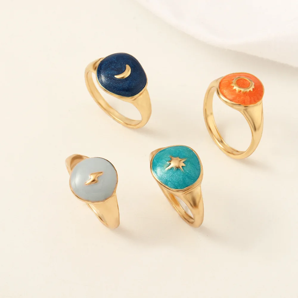 

New Arrival Real Gold Plated Enamel Lightning Sun Ring Colorful Oil Dripping Star Moon Ring For Girls