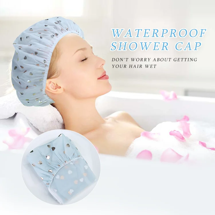 

Low MOQ Custom logo Reusable Luxury Plastic Long Hair Waterproof Double-decker Shower Cap Waterproof EVA Elastic Bath SLB-U001, Customized color