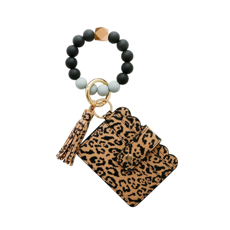 

High Quality Fashionable Women Wallet with Tassel Beaded Bangle Silicone Wristlet Leopard Bracelet Keychain Card Bag, As picture