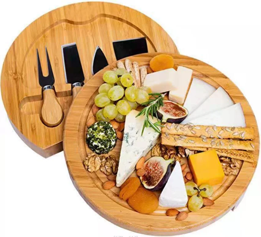 

Durable Customized Logo Bamboo Charcuterie Board Cutting Platter Round Cheese Board Set