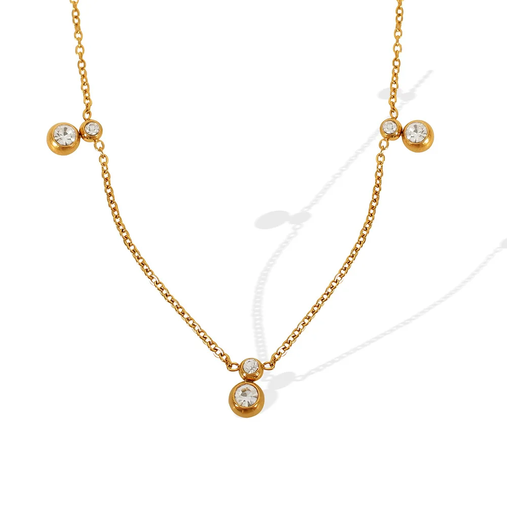Hypoallergenic Jewelry Clear Zircon Pendant Necklace 18K Gold Plated Stainless Steel Tassel Round Bead Chain YF5057