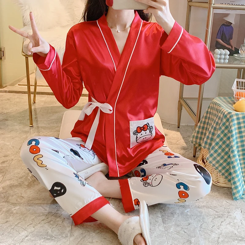 

Sleepwear supplier satin print pajamas women long sleeve pyjamas
