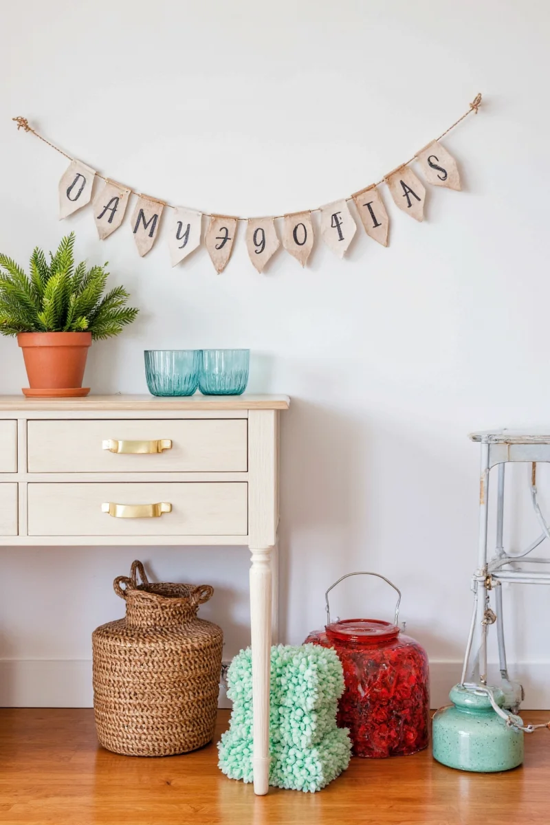 Fabric advent calendar hanging in a modern office setting