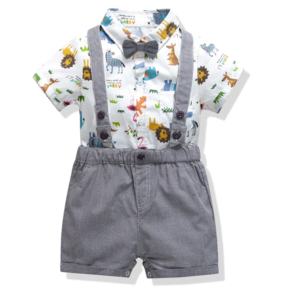 

Boys' cotton printed romper suspenders and bow tie gentleman four-piece suit