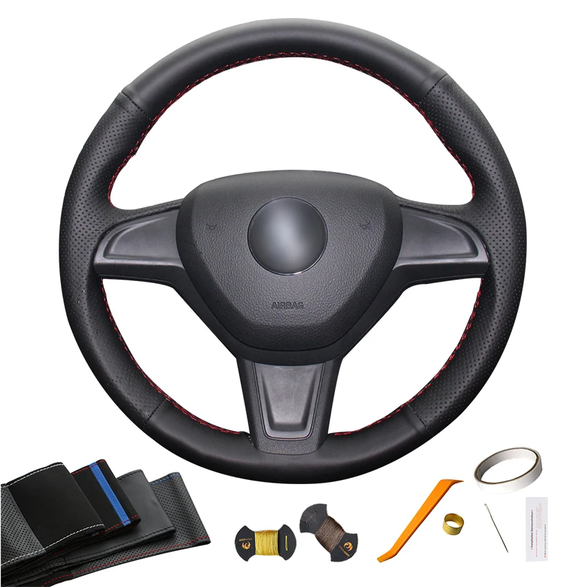

Custom Unique Black Artificial Leather Hand Sew Car Wrapped Steering Wheel Cover for Skoda Citigo Fabia Yeti 2013 2014 - 2019