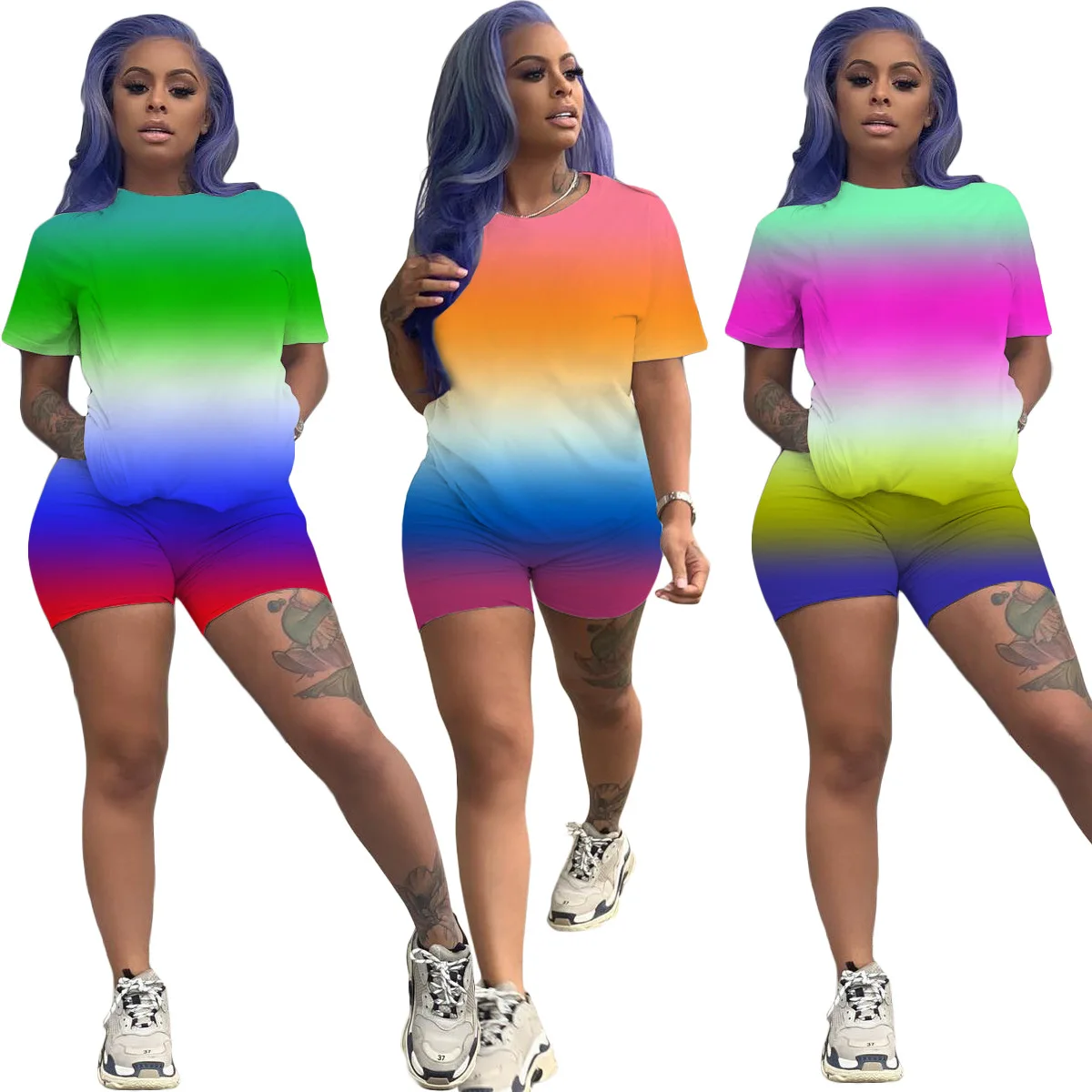 

New arrival hot sale gradient 2 piece set women summer 2021 rainbow engineering print summer casual womens two piece casual sets, As picture or customized make