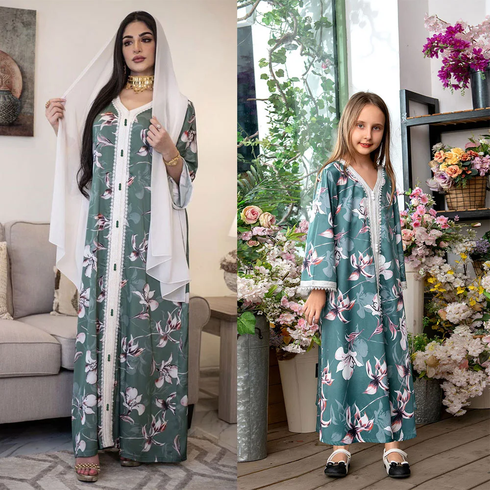 

2022 latest designs Floral moroccan kaftan,jalabiya,Printing design ramadan abaya Muslim Dresses