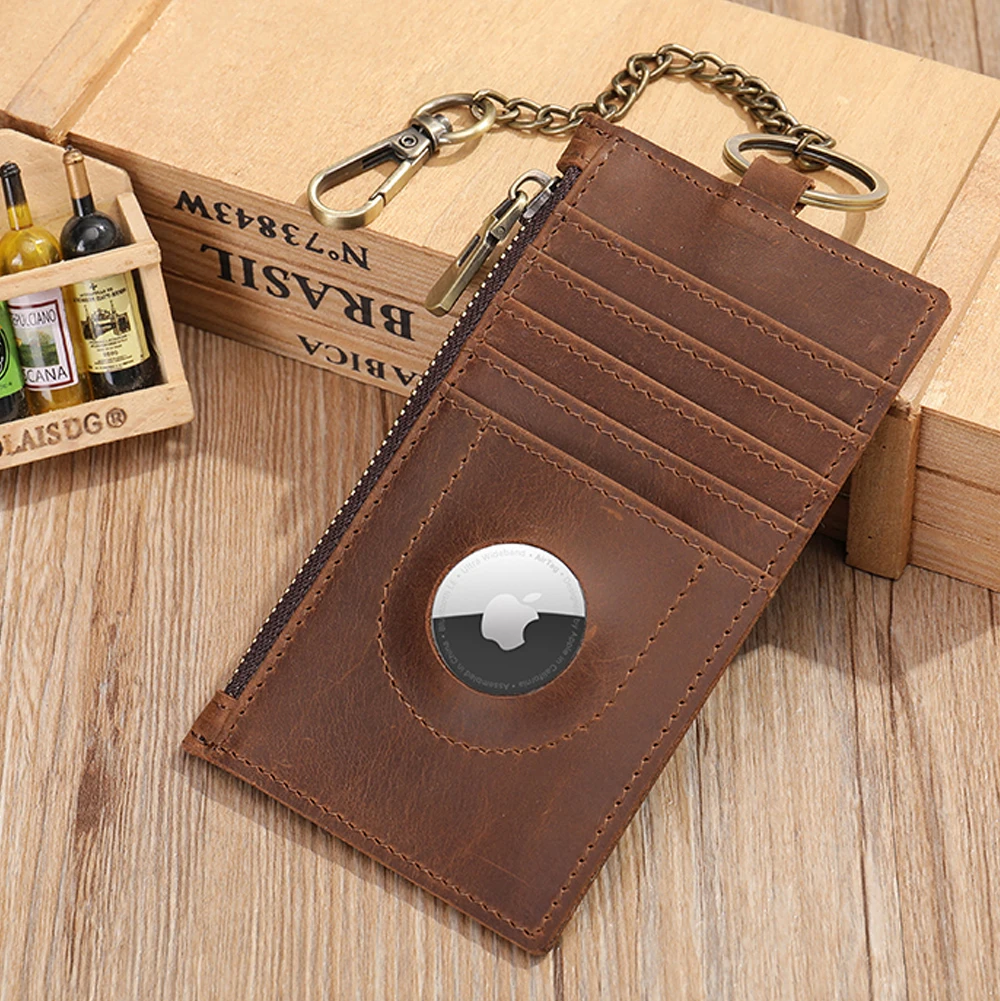 

Marrant Men Slim Minimalist Keychain Genuine Leather Rfid Airtag Wallet Card Holder For Air Tag Wallet, Coffee