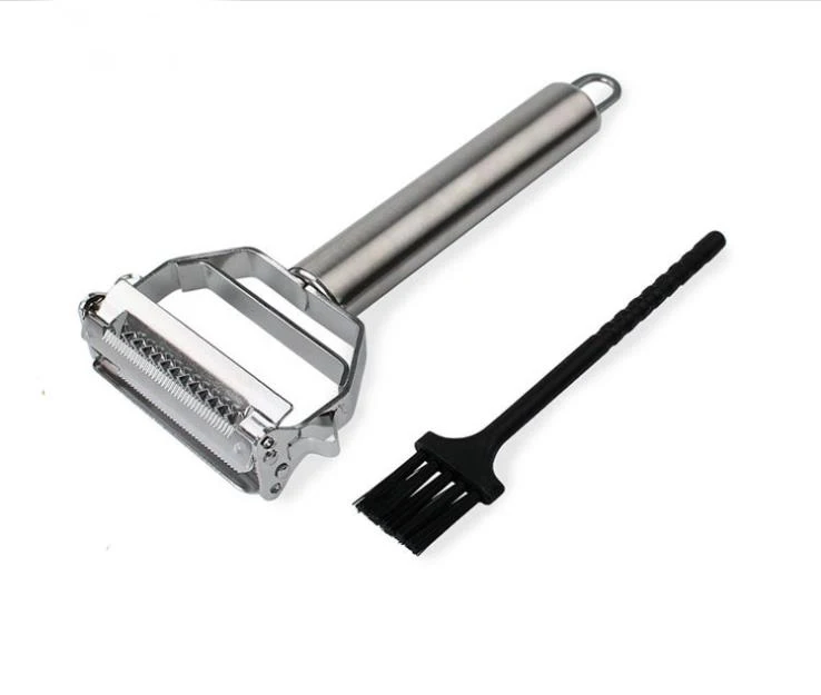 

Amazon Hot Selling Multifunctional Fruit Vegetable Julienne Peeler Stainless Steel Hand Vegetable Peeler With Cleaning Brush, Silver