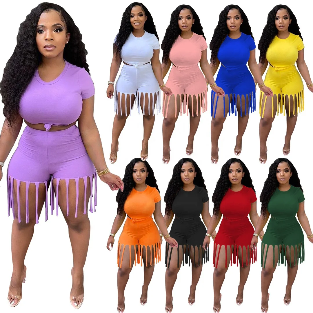 

2021 summer Women Cute Plus Size Two Piece Shorts Tassel Pant Sets ladies crop top Tracksuit 2 Piece Biker Short Set streetwear