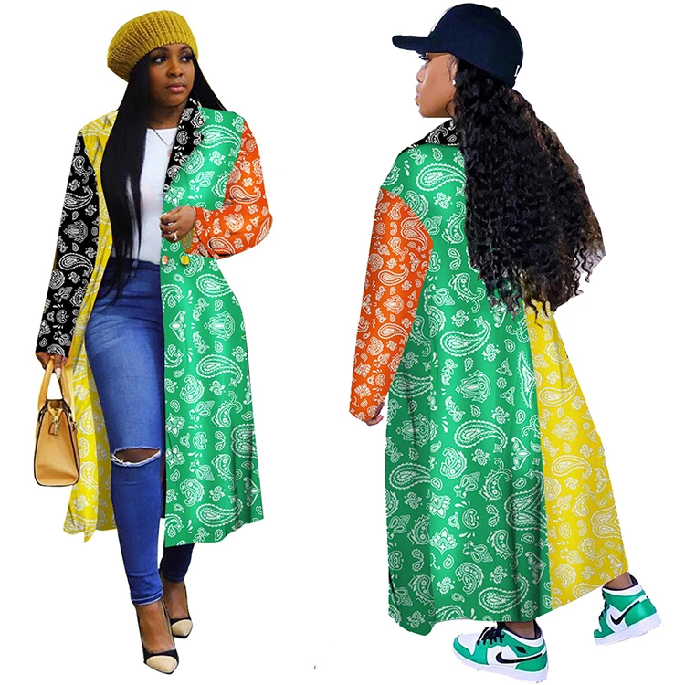 Newest Design Plus Size Winter Women Clothing Joint Color Multi Print Sleeve Womens Coat Lady Long Jackets