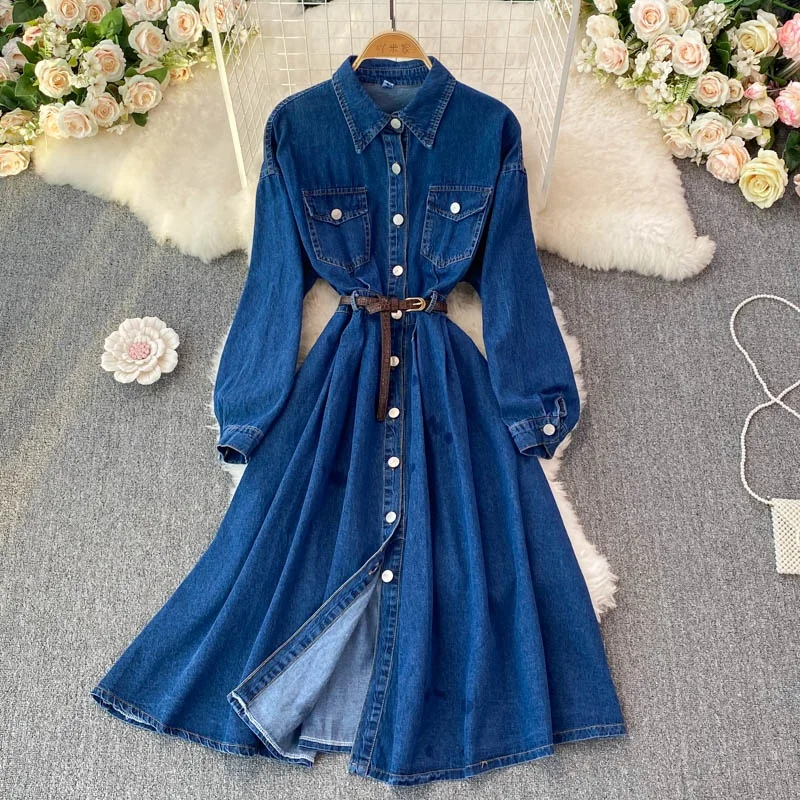 

2024 Vintage Denim Dress Spring and Autumn Fashion Mid length Waist Slim Single breasted Turn-down Neck Dress
