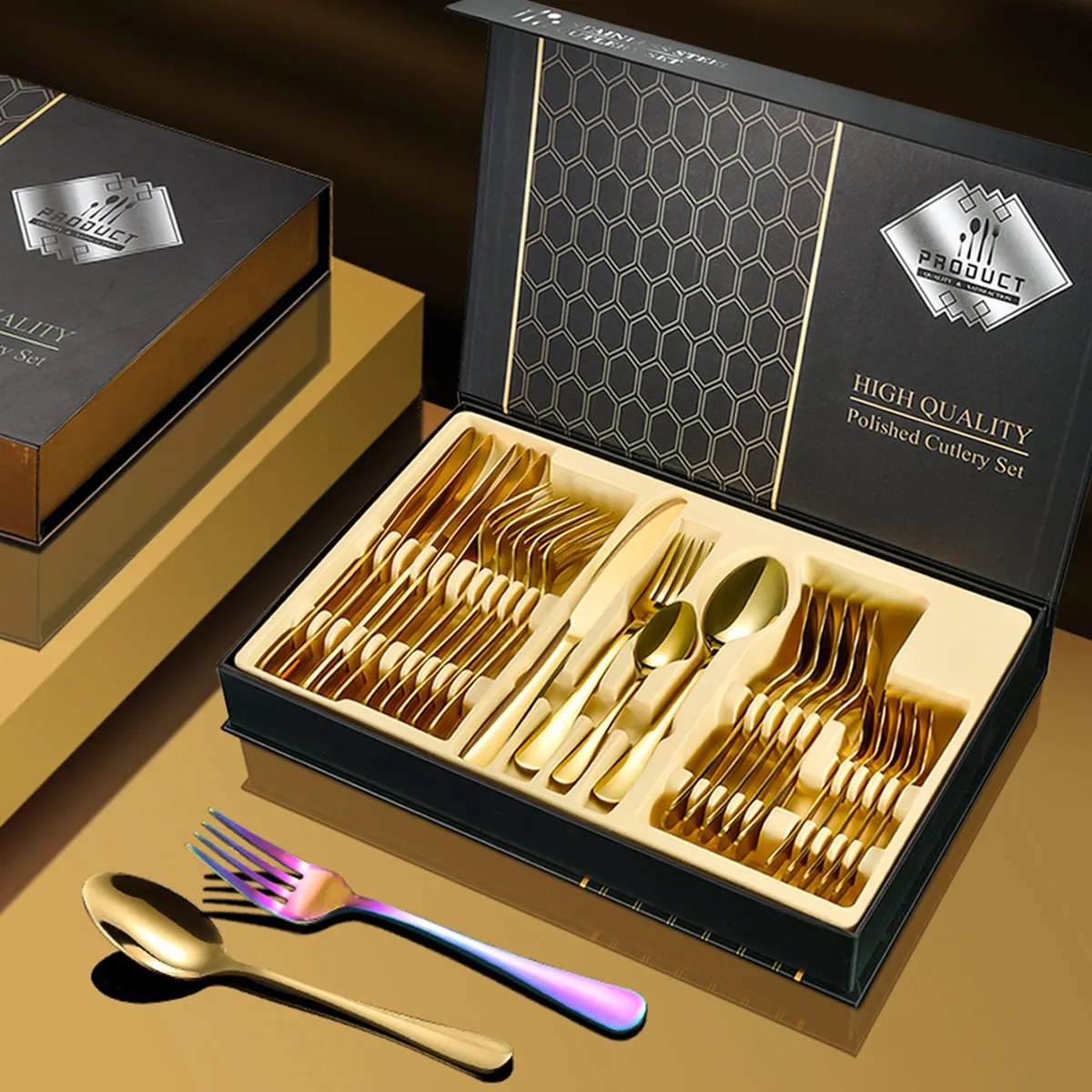

Luxury Wedding Restaurant Golden Silver Knife Spoon Fork Flatware Royal Doulton Bestek Stainless Steel Cutlery Set With Gift Box, Silver, gold, rose gold, colorful, black, customizable