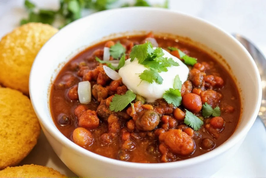 Bowl of slow cooker chili topped with sour cream, fresh cilantro, and diced onions, served with cornbread on the side
