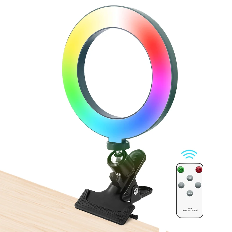 

6" Desktop RGB LED Ring Light with light clip, Dimmable Colour Changing Lamp Phone Holder Clip for Make Up/Live Streaming Video, Multiple color