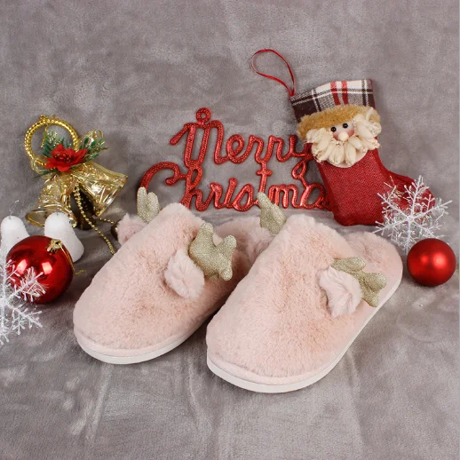 

Winter Christmas Ladies House Slippers Women to Keep Warm and Non-slip Plush Slippers, Pink,white