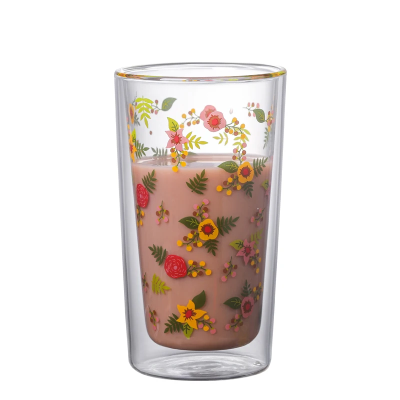 

2022 hot sale 350ml 400ml double wall glass mug with maple leaves for tea juice and coffee, Clear