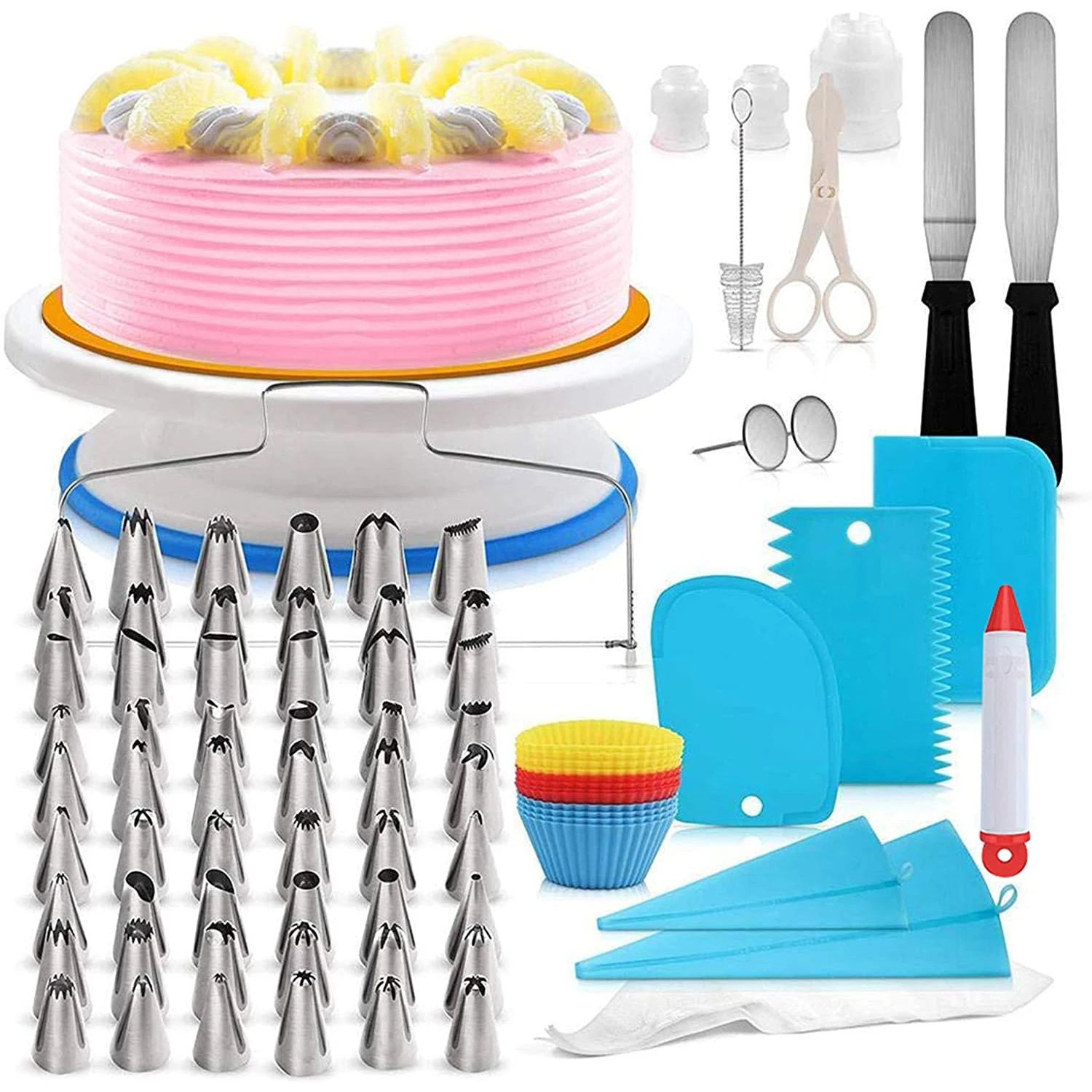 

MultiFunction Kitchen Dessert Baking Supplies 106 Pcs Decorating Kit Turntable Set Pastry Tool Cake Decorating Kit, Bule, purple