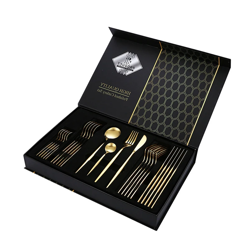 

Luxury Colorful Handle 24 Piece Cutlery Set Stainless Steel Flatware Gold Forks Knives Spoon Set 24 pcs Cutlery Set with Shelf