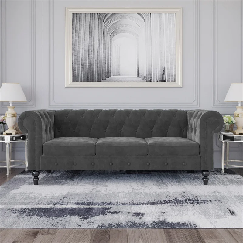 

European Style Sofas For Home Gray Velvet Living Room Modern Tufted Sofa Set With Shipping, Optional