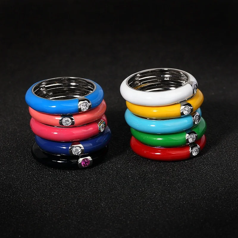 

Fancy fashion women vintage jewelry brass colorful enamel inlay zircon simple rings for men, Silver