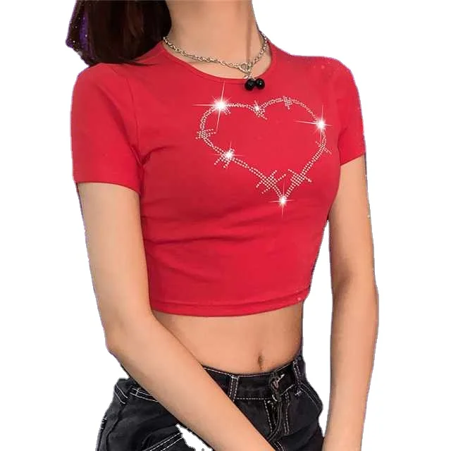 

New Fashion Solid Color Short Slim Cute Diamond T-shirt For Women, Picture color