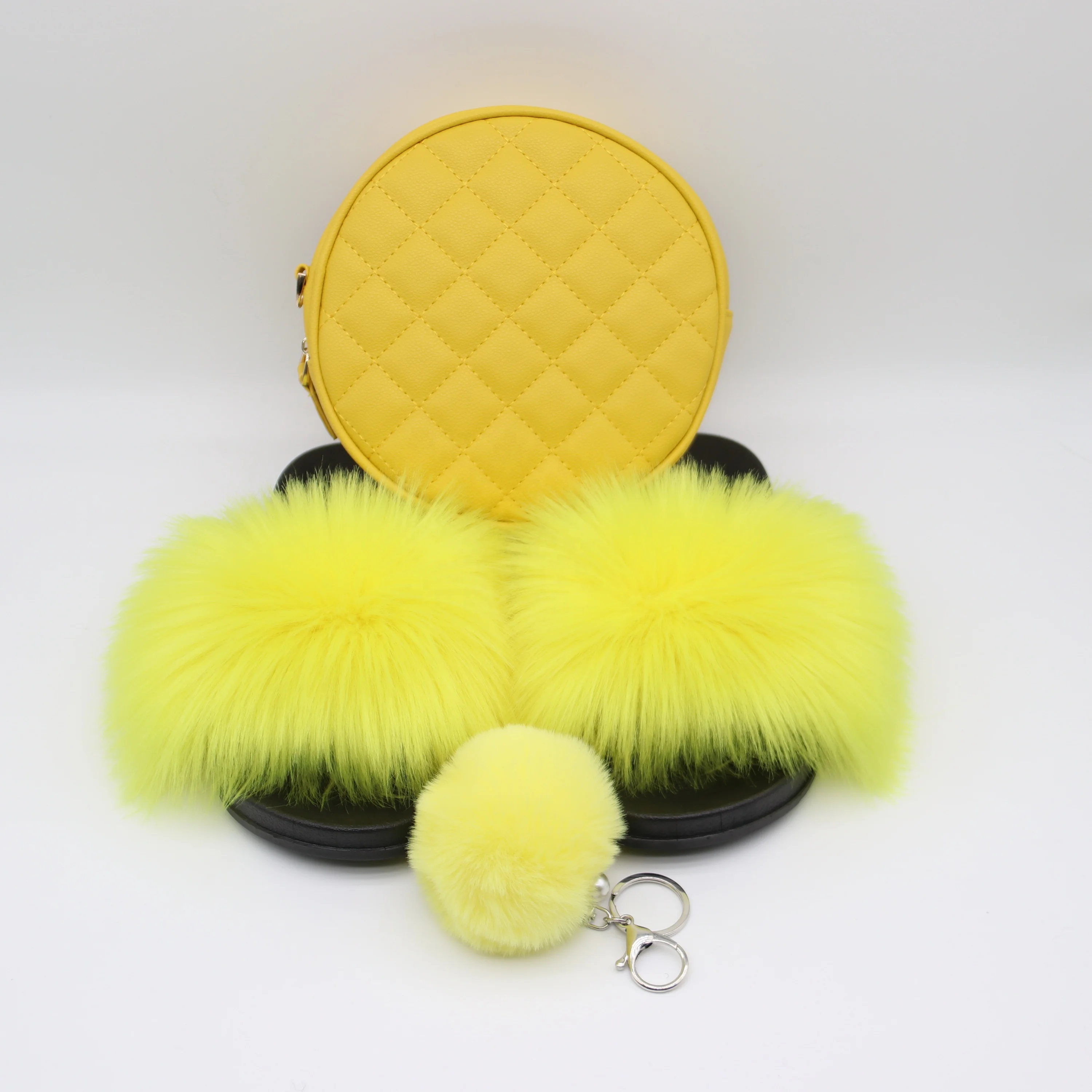 

wholesale vendor hot sale girls yellow pu leather fashion cute mini round purse matching fur shoe and bag set