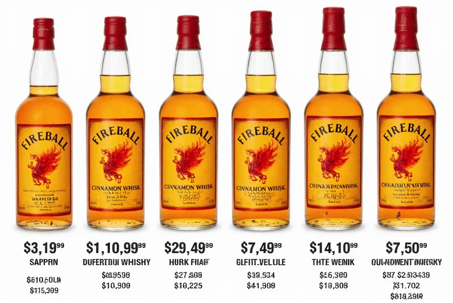 Fireball Cinnamon Whisky bottles of various sizes displayed next to price tags showing current market rates