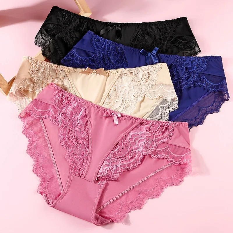 

JULY'S SONG Sexy Lace Women Panties Ladies Low Waist Ice Silk Underwear Female Plus Size Cotton Briefs Lingerie, Black, skin, watermelon red, royal blue, wine red, pink
