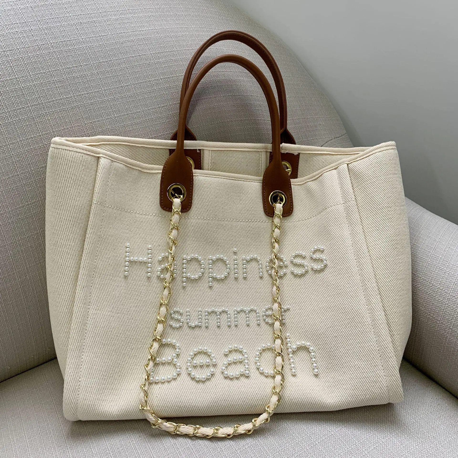 

Wholesale and custom canvas with genuine leather  shopping bag chain shoulder tote bag with pearl luxury women's handbag