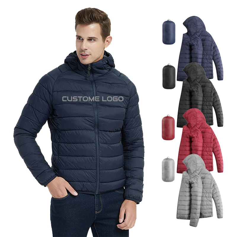 
Wholesale fashion oem custom logo blank hooded lightweight puffer bubble black warm men unisex adult wear coat winter jacket 