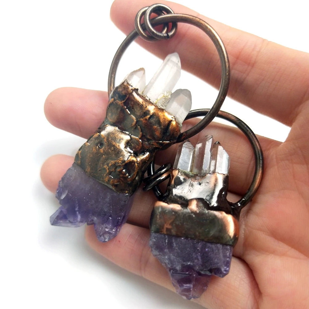 

Clear Stone Pendants Real Quartz Jewelry White Crystal Purple Amethyst Antique Bronze Plated Soldered Free Form Pendant Charms, Purple, clear