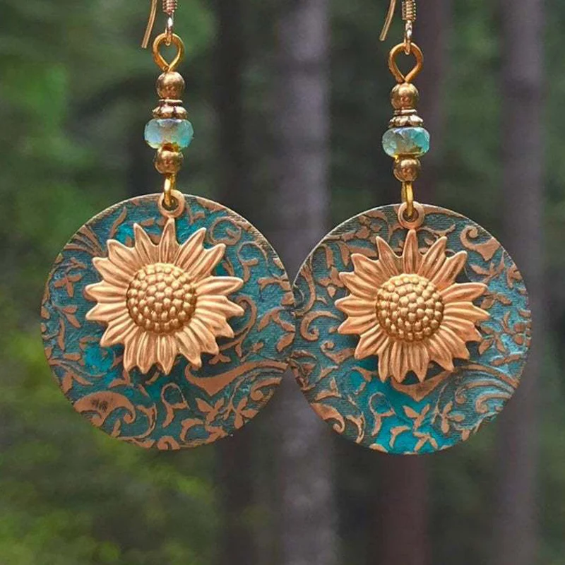 

2021 New Bohemian Vintage Earrings Sunflower Chrysanthemum Daisy Retro Earhook Earrings For Women Jewelry, Gold