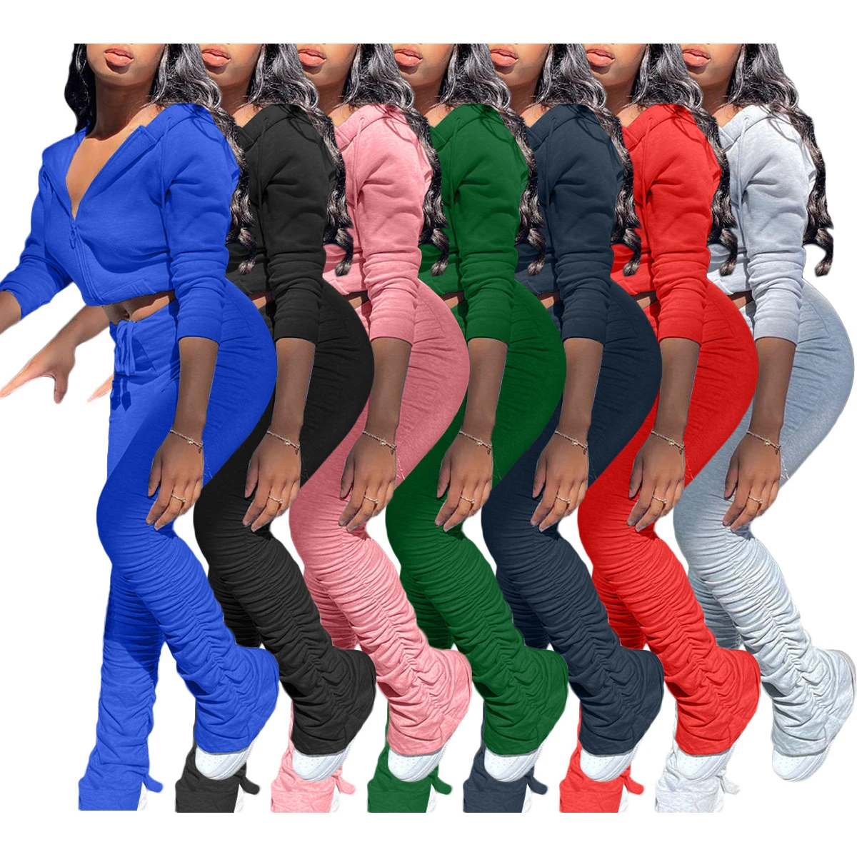 

FS1607D Fall women solid colors hoodie and stacked pants two piece sets Tracksuit Outfit