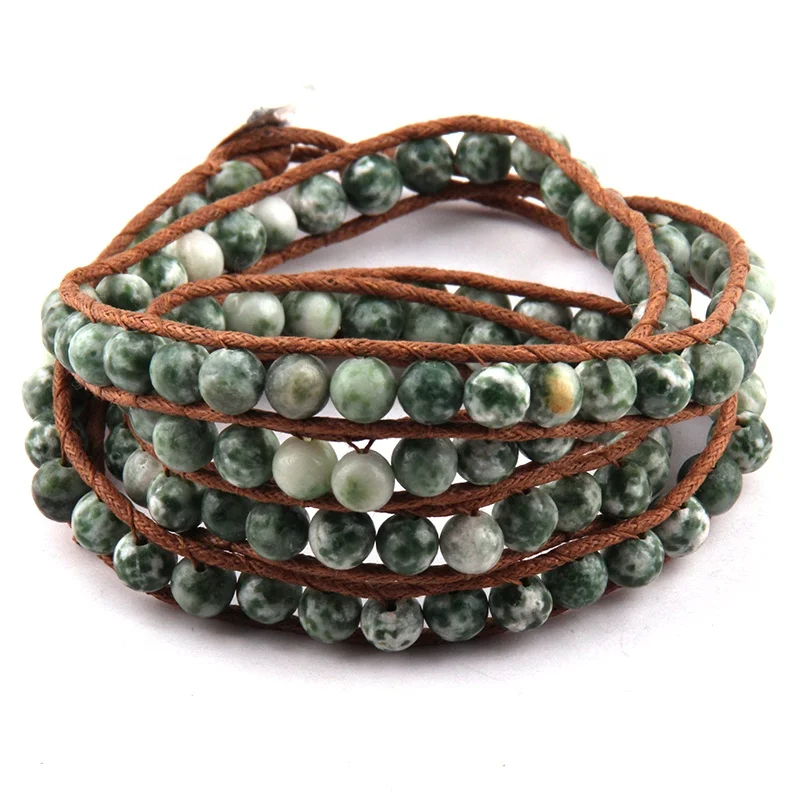 

6mm Beautiful Fashion Stone Beads Long Wrap Bracelet 4 Wraps Leather Beads Bracelet For Women