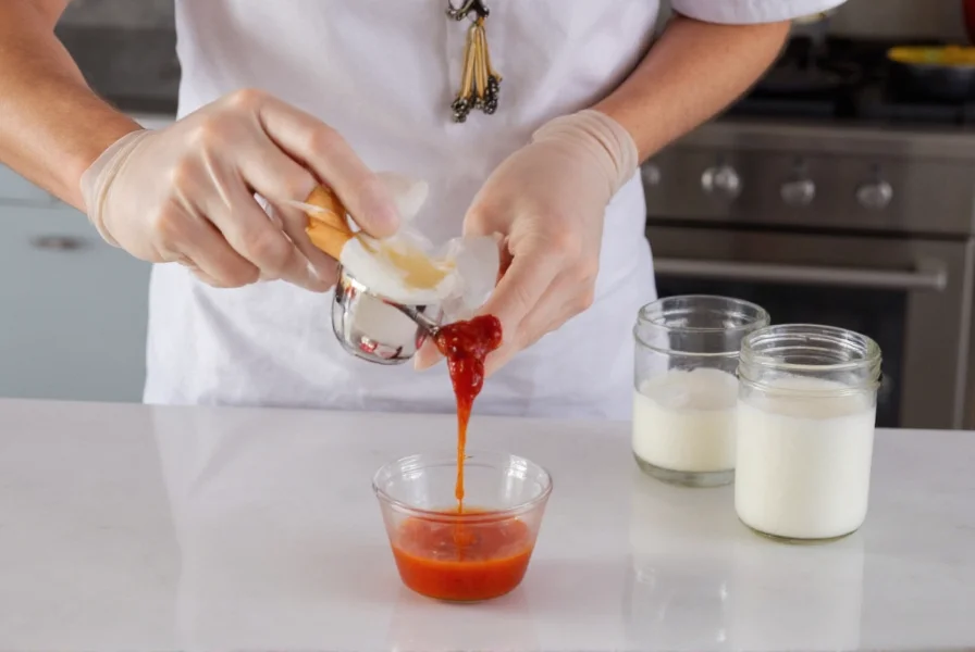Professional chef wearing nitrile gloves while carefully measuring ghost pepper sauce into a small bowl, with milk and yogurt visible in background for safety