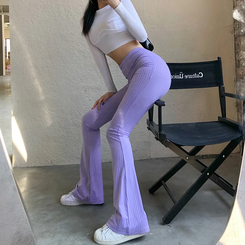 

High Waist Y2K Purple Ribbed Tight Women Trouser Bell Bottom Flare Stretchy Wide Leg Pants