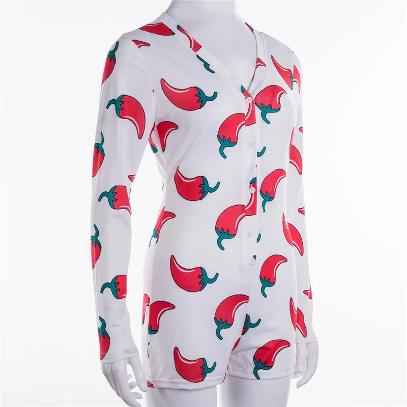 Sexy Women Deep V-Neck Belted Sleepwear Printed Button Romper Jumpsuit Long Sleeve Women Christmas Pajamas Onesie for Adults