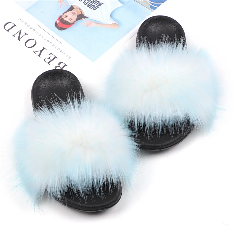 

Custom Logo Faux Fox Fur soft Fashion Slippers Latest Design Sandal Slipper Slides for ladies, As picture